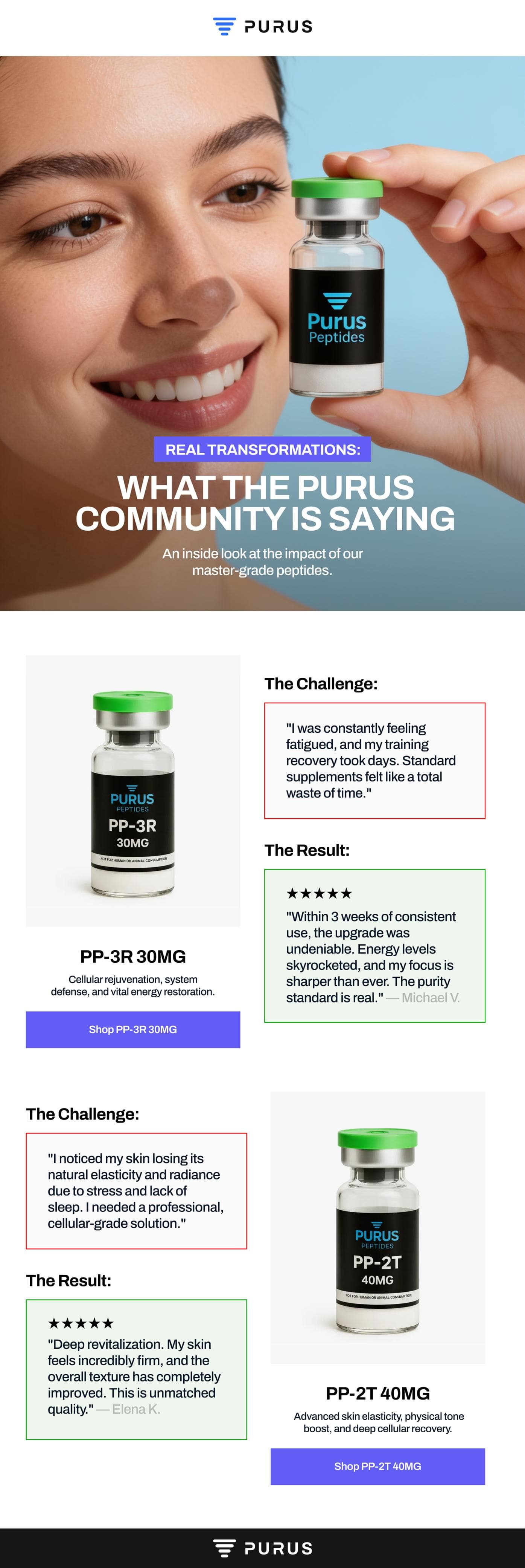 Peptide brand — Customer testimonial flow