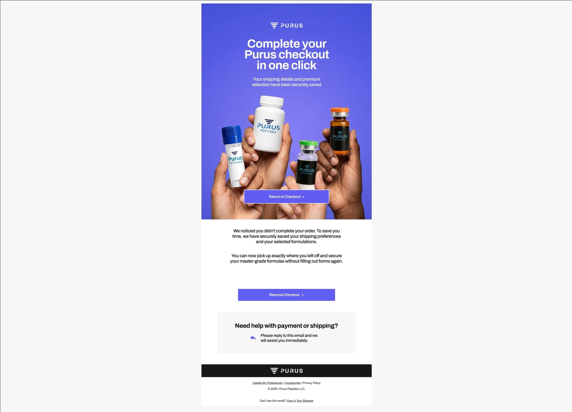 Peptide brand — One-click checkout