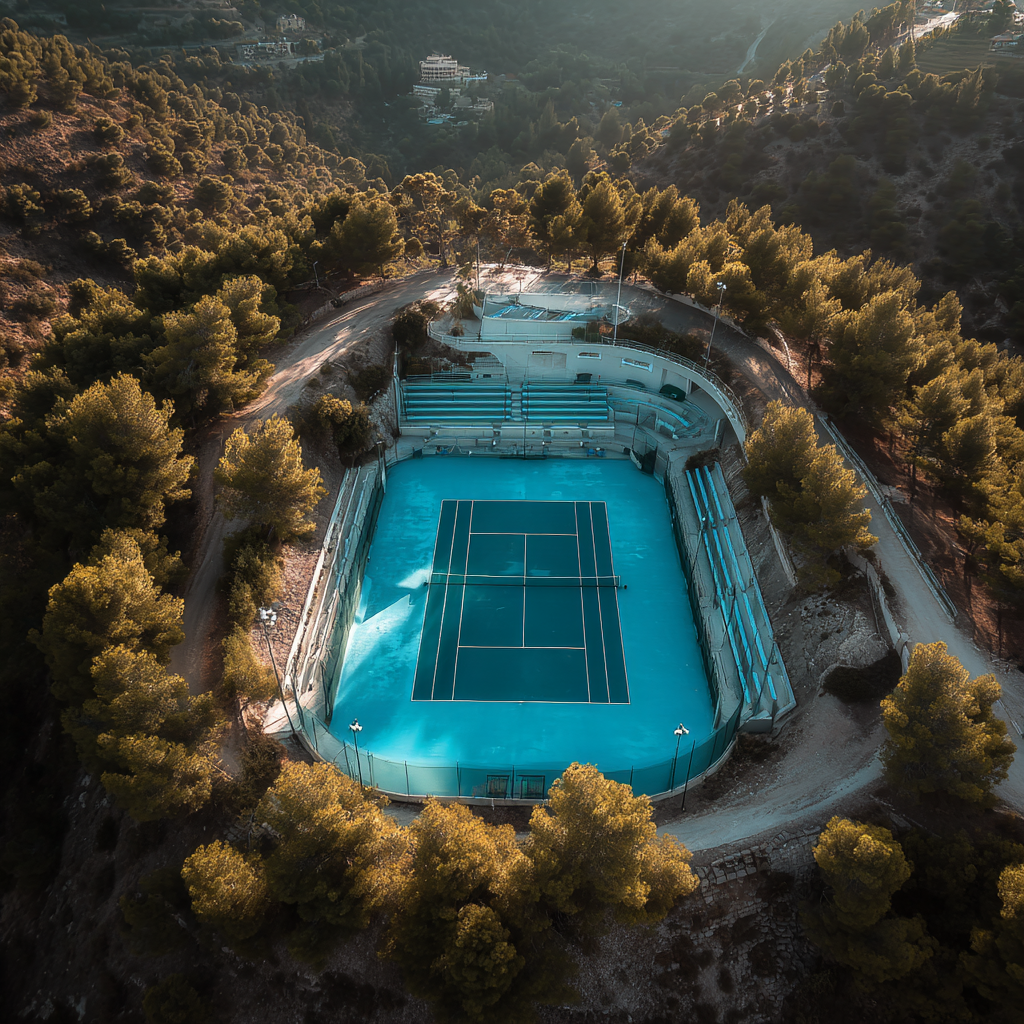 AI render — aerial blue court