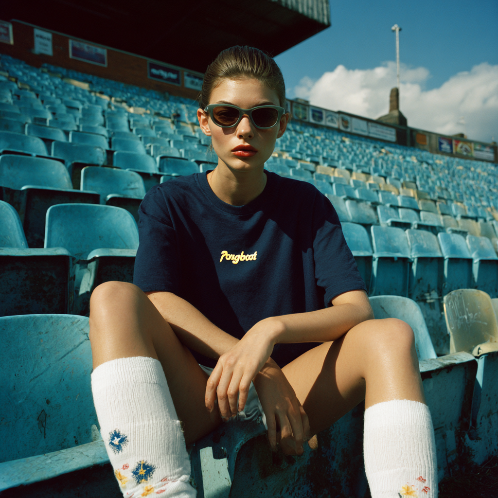 Pongbot merch — navy t-shirt model