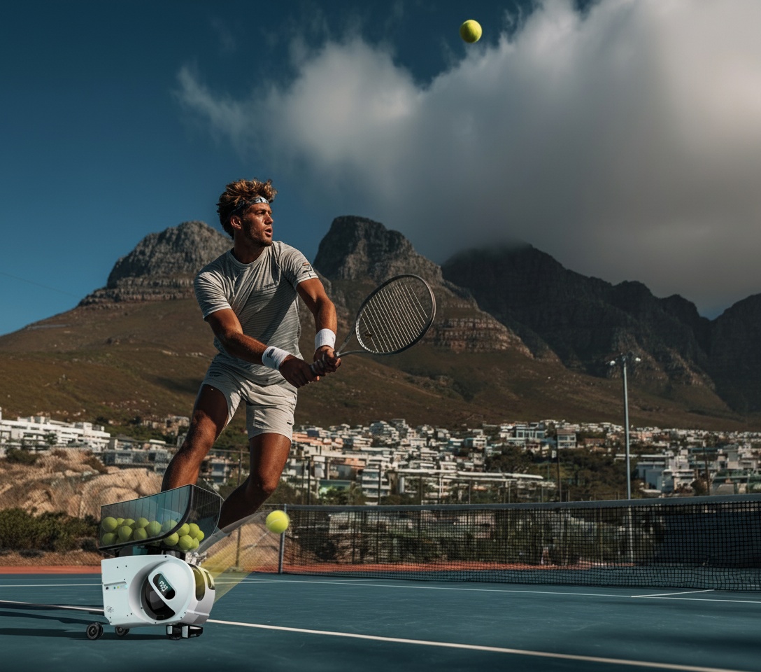 Pongbot on court with tennis player