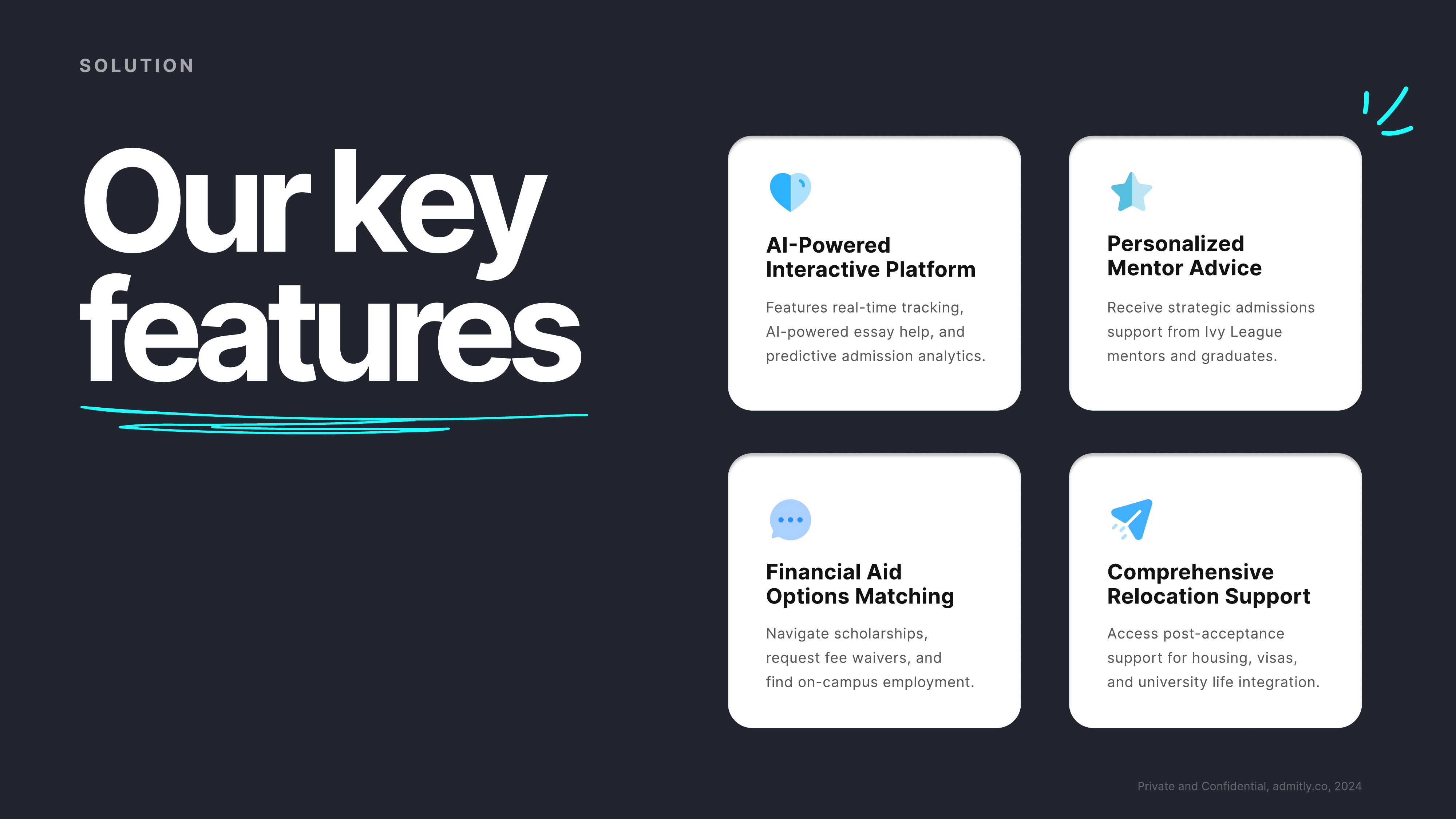 Admitly key features — AI platform, mentors, financial aid, relocation