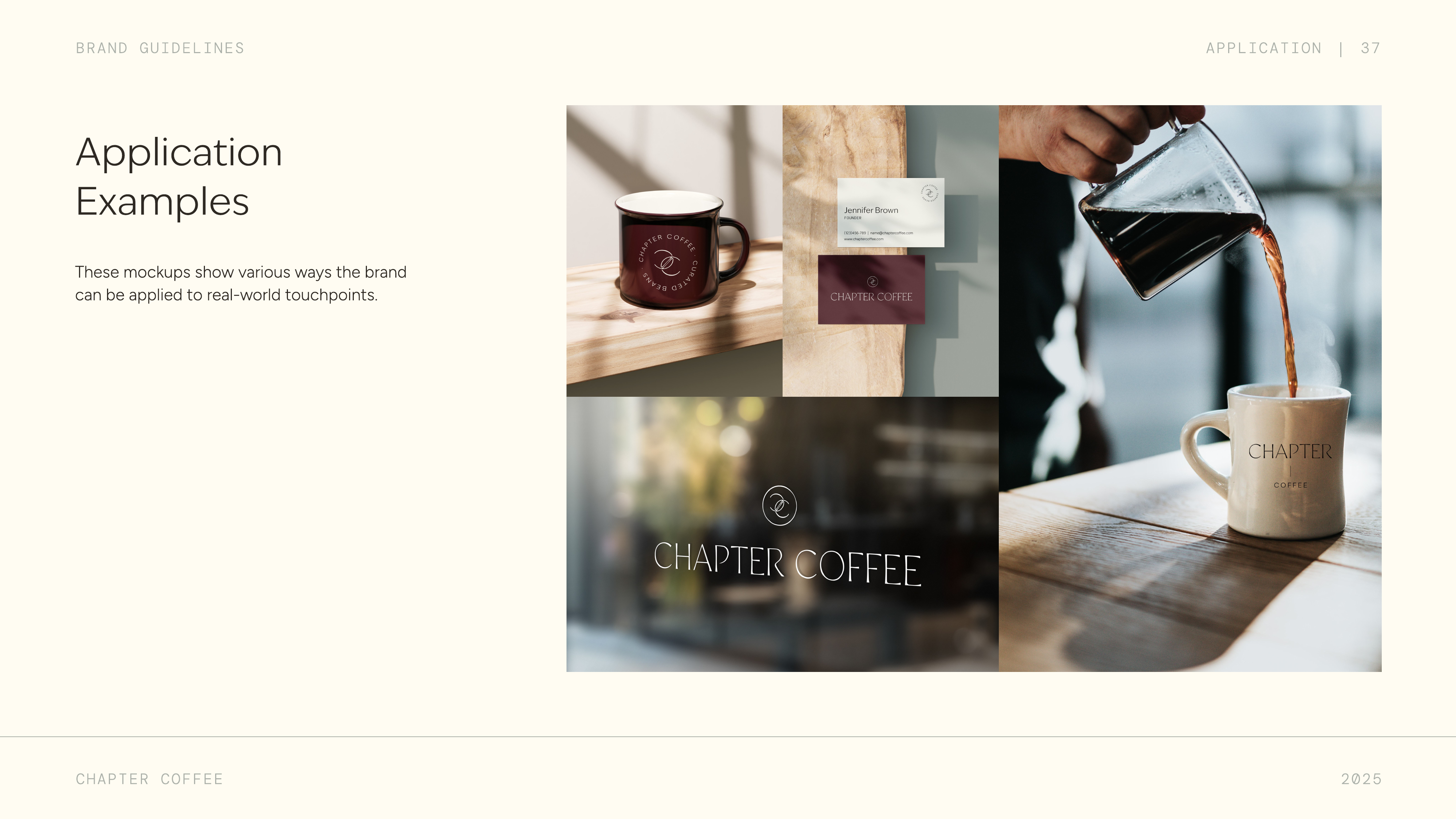 Chapter Coffee brand application examples — mugs, business cards, packaging