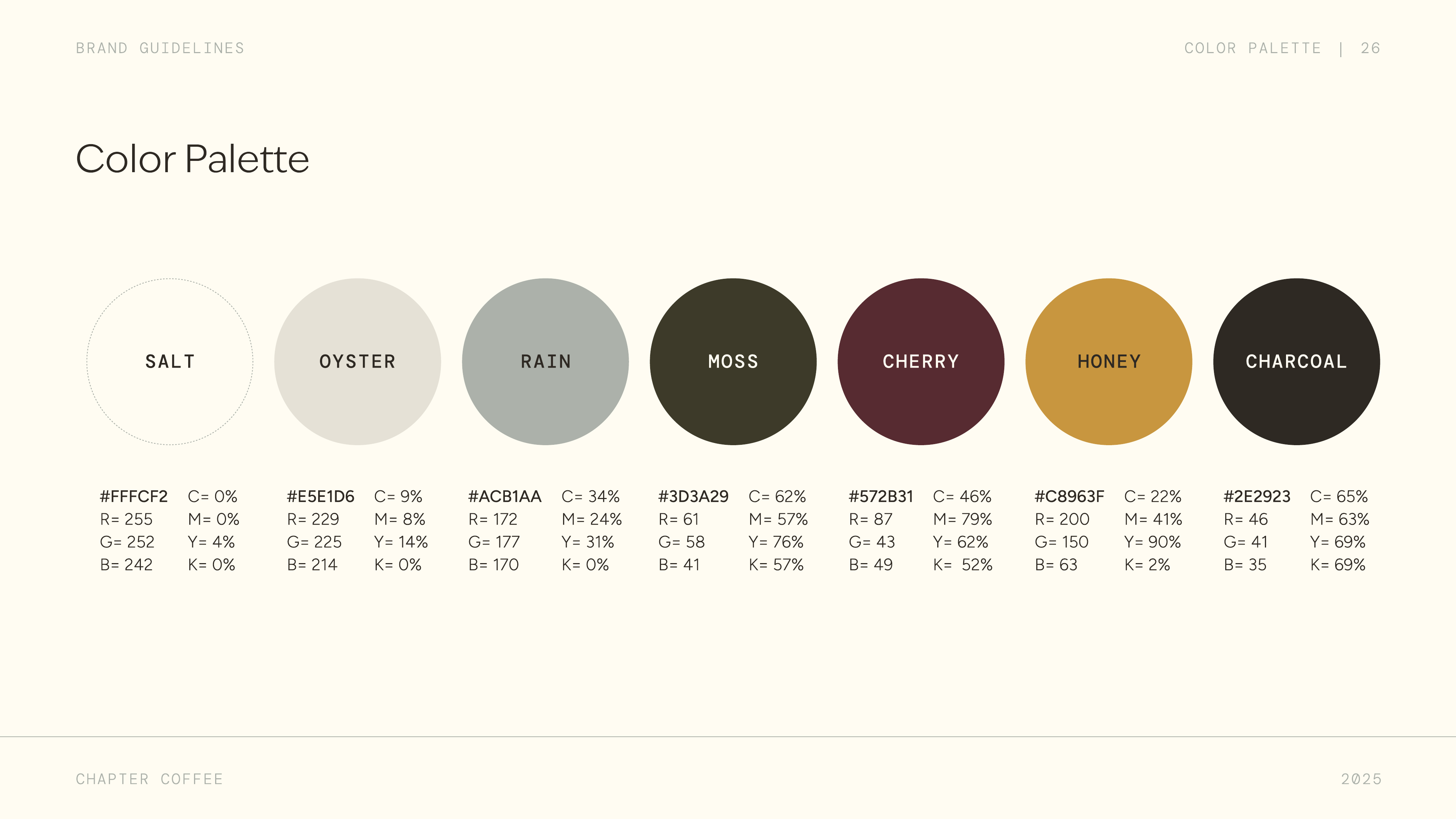 Chapter Coffee color palette — Salt, Oyster, Rain, Moss, Cherry, Honey, Charcoal