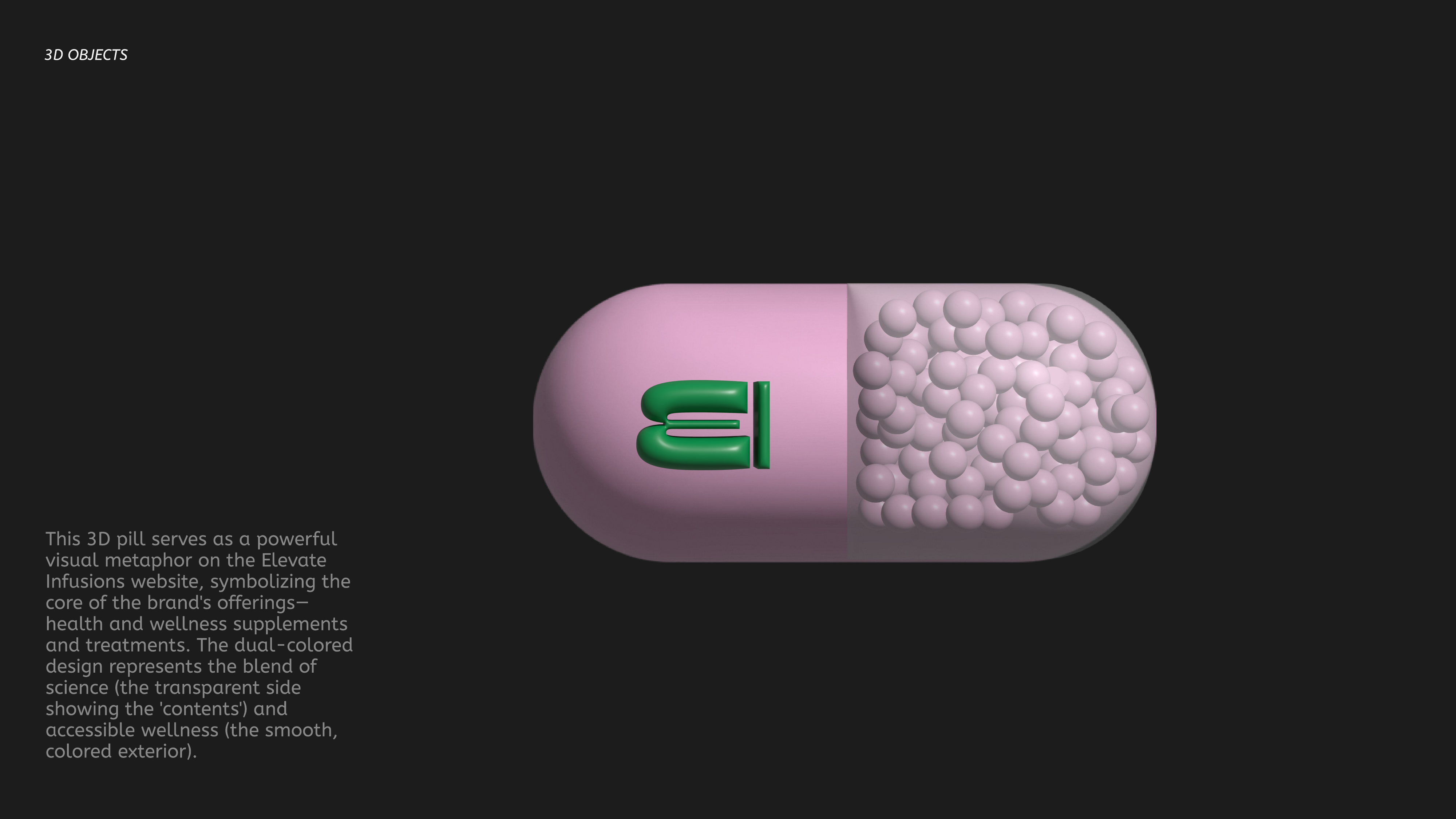 Elevate Infusions 3D brand object — dual-color pill capsule with EI logo