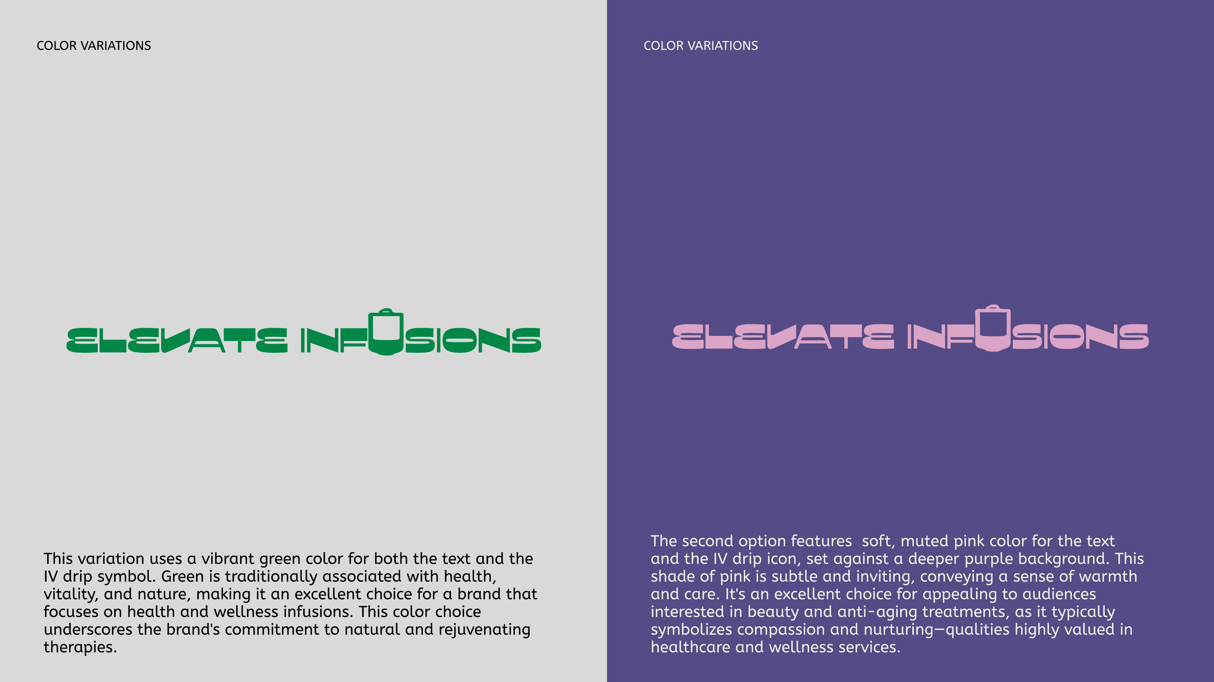 Elevate Infusions color variations — green on light and pink on purple